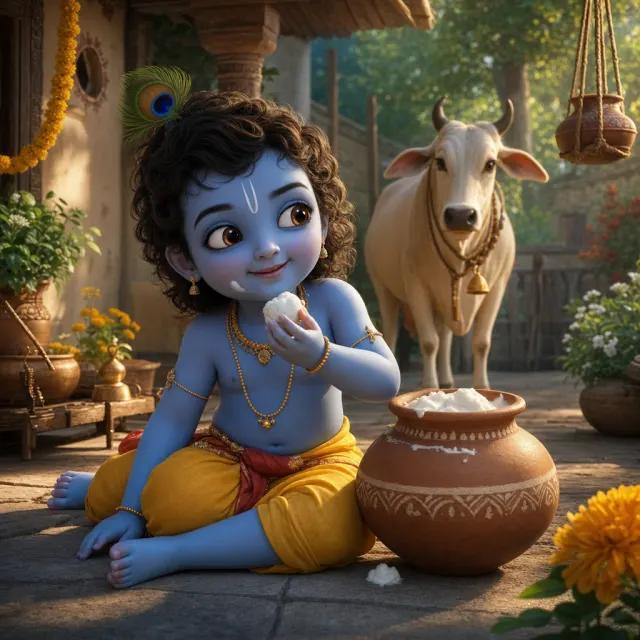 Young Krishna with butter, an earthen pot and a cow