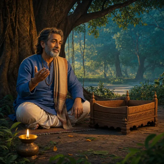 An imagined storyteller beside an empty manuscript cradle, evoking the lost Brihatkatha
