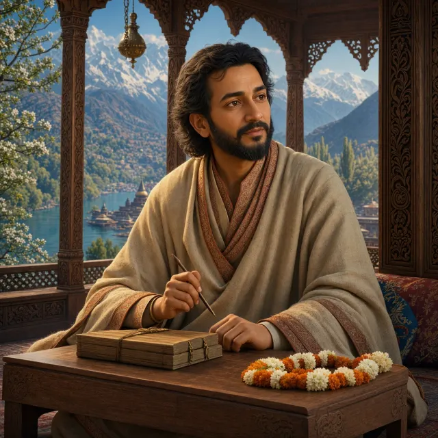An imagined portrait of Kshemendra with a manuscript and flower garland