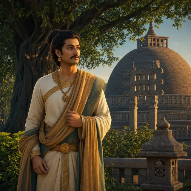 An imagined portrait of Ashoka beside a Buddhist stupa