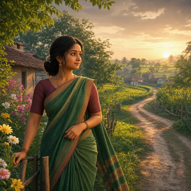 A rural woman looks toward a village path, evoking the poems
