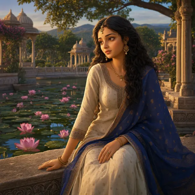 An imagined portrait of Princess Kadambari by a lotus pond