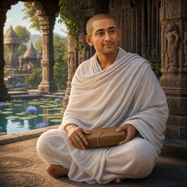 An imagined portrait of Jain author Uddyotanasuri beside a lily pond