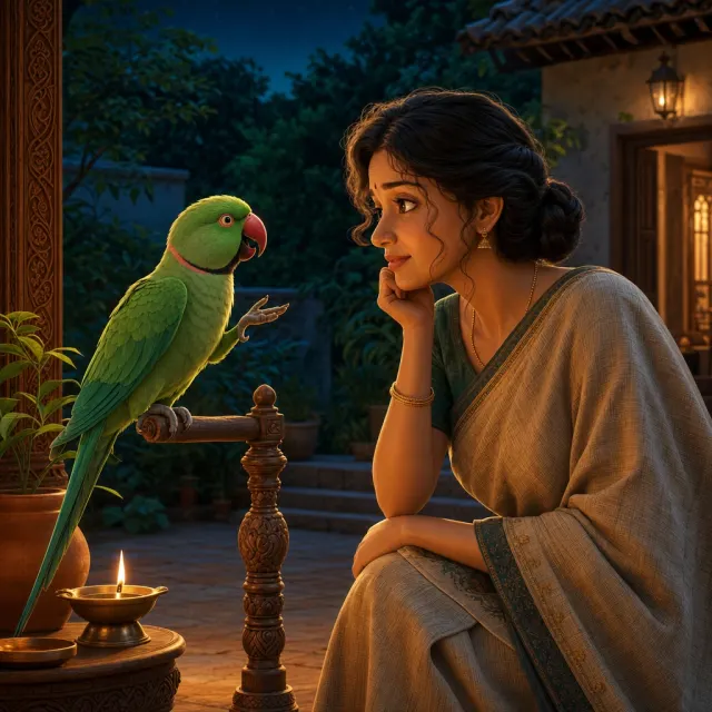 Prabhavati listens to the storytelling parrot