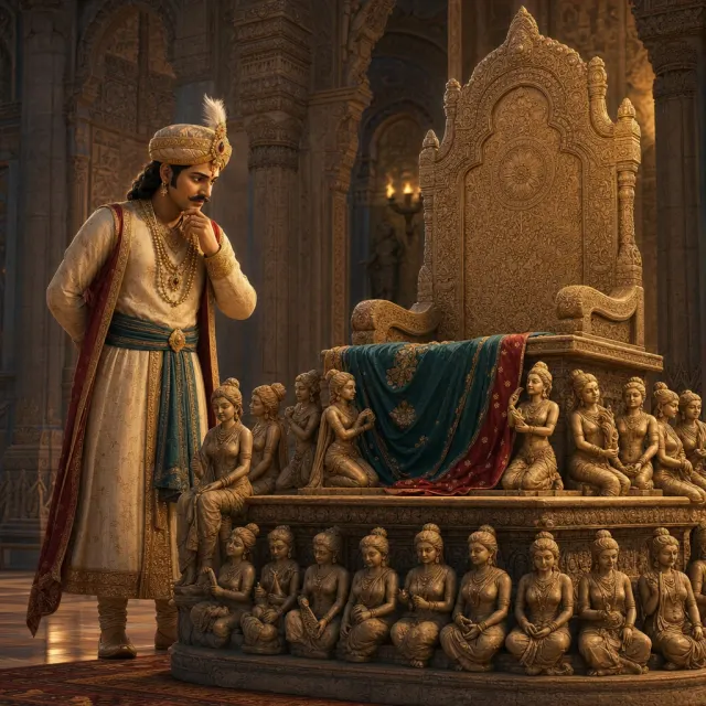 King Bhoja beside the throne and its carved female figures