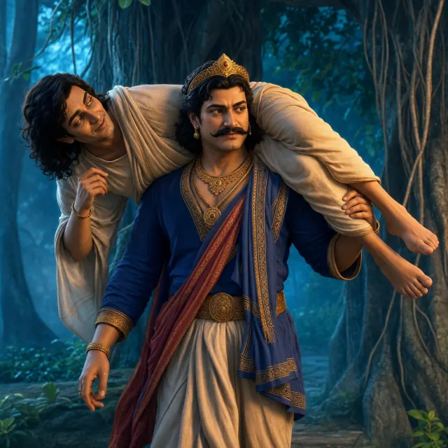 The king carries the Vetala through a forest