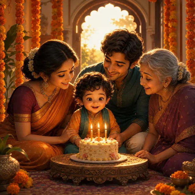 A little child celebrates a birthday with parents and grandmother