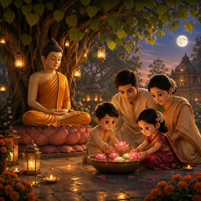 A family offers lotus flowers beside the meditating Buddha under a Bodhi tree