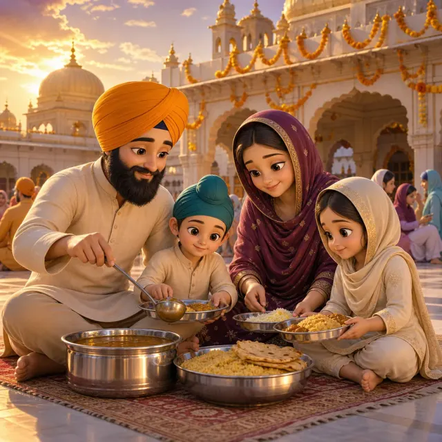 A Sikh family and children help serve langar in a gurdwara courtyard