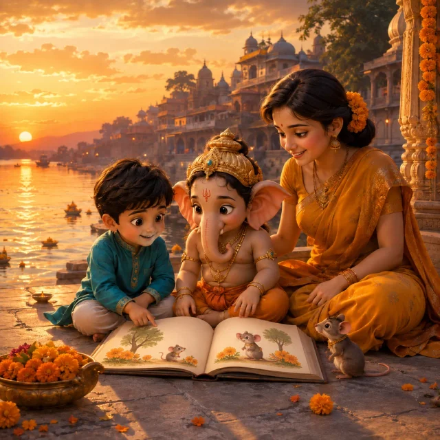 A child and mother share a story beside Ganesha by the river at sunset