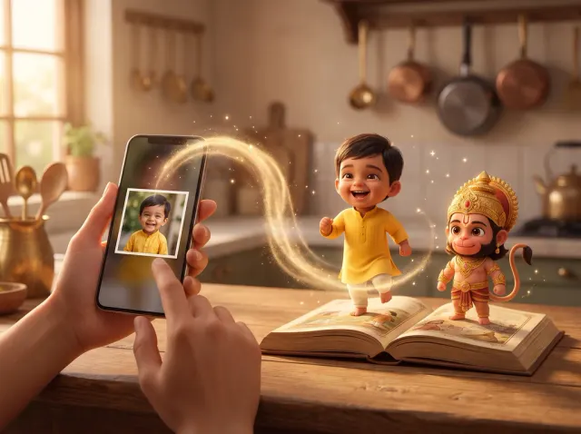 A photo of the child becomes a character beside Hanuman