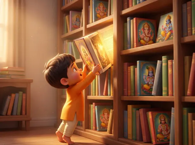 A child picks a book from a tall painted shelf