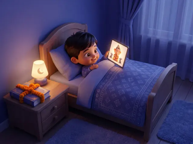 Bedtime: the book glows on a phone while a parcel waits for Diwali