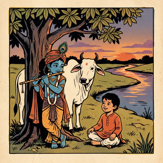 Krishna and a child beside the Yamuna, shown in this art style.