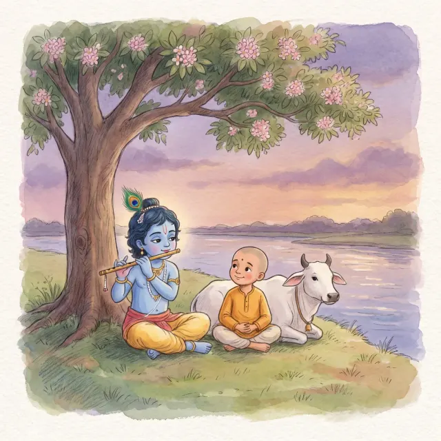 Krishna and a child beside the Yamuna, shown in this art style.