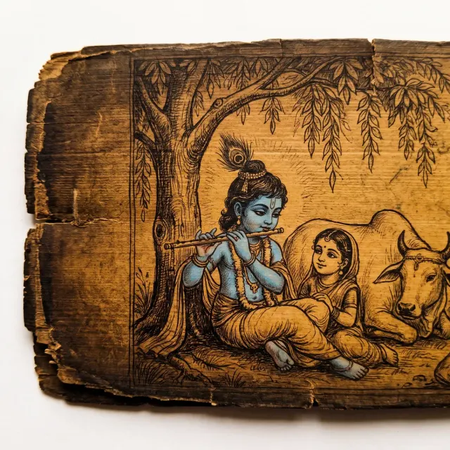 Krishna and a child beside the Yamuna, shown in this art style.