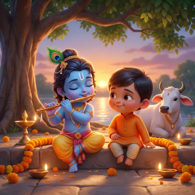 Krishna and a child beside the Yamuna, shown in this art style.