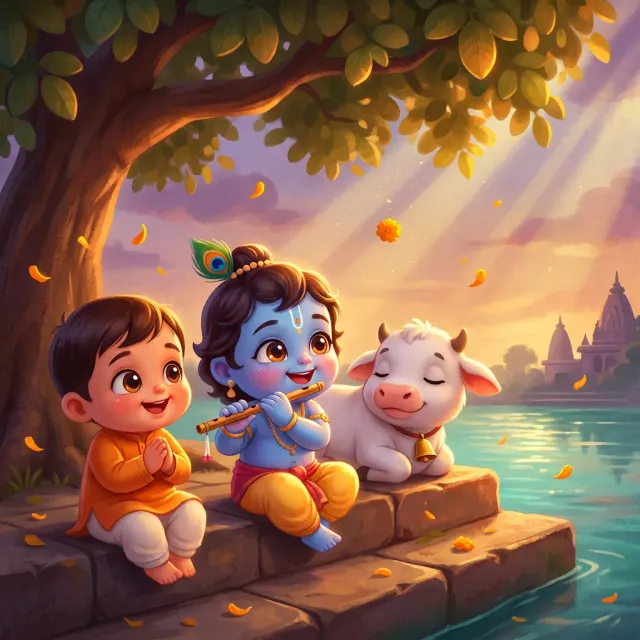 Krishna and a child beside the Yamuna, shown in this art style.